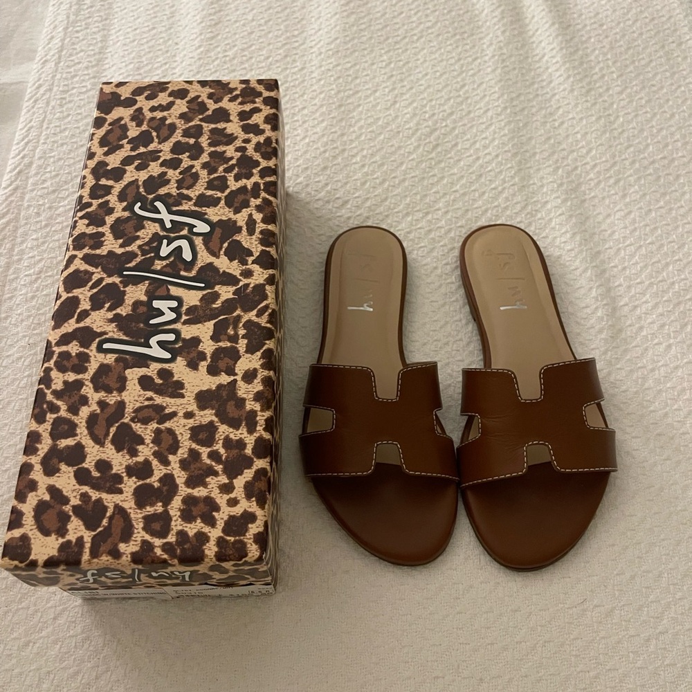 French Sole Brown Leather Slide Sandals